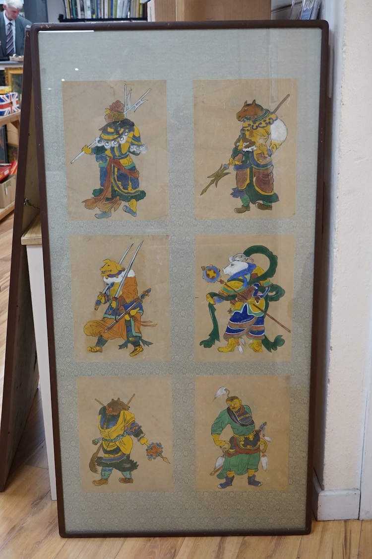 Chinese School, set of twelve watercolours, Signs of the Zodiac, mounted and framed as two, overall 139 x 71cm. Condition - fair